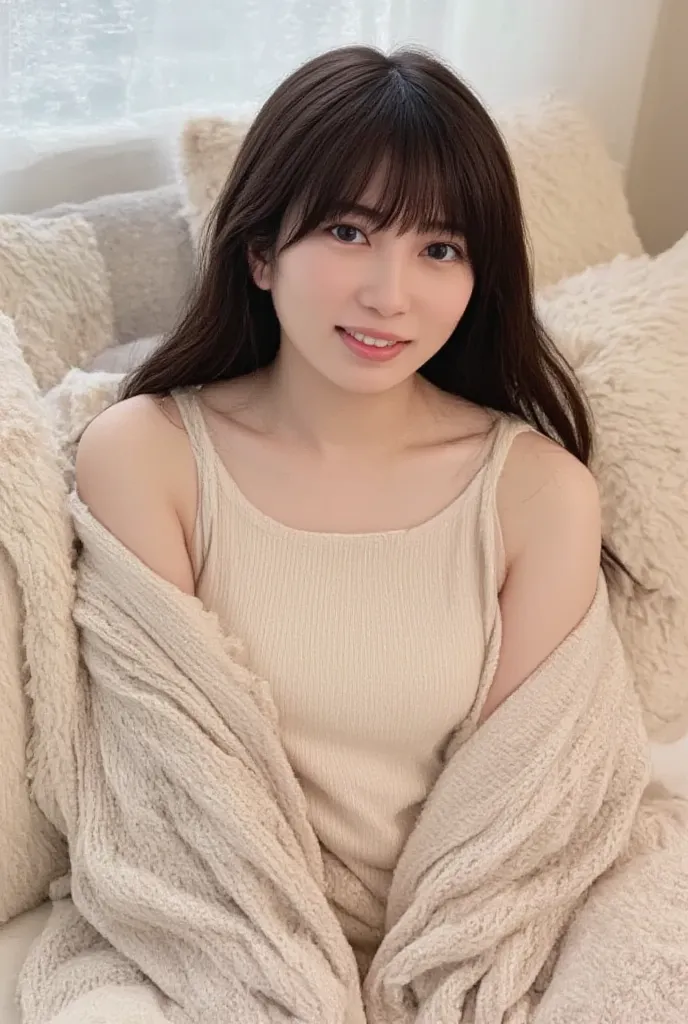  An amateur took a selfie on Instagram . A woman in cute loungewear is、surrounded by cushions in the student room,   without makeup,   playful smile  . she has long brown hair and bangs