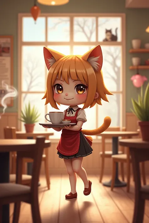 Draw a cute cat girl waitress, serving coffee in a cafe