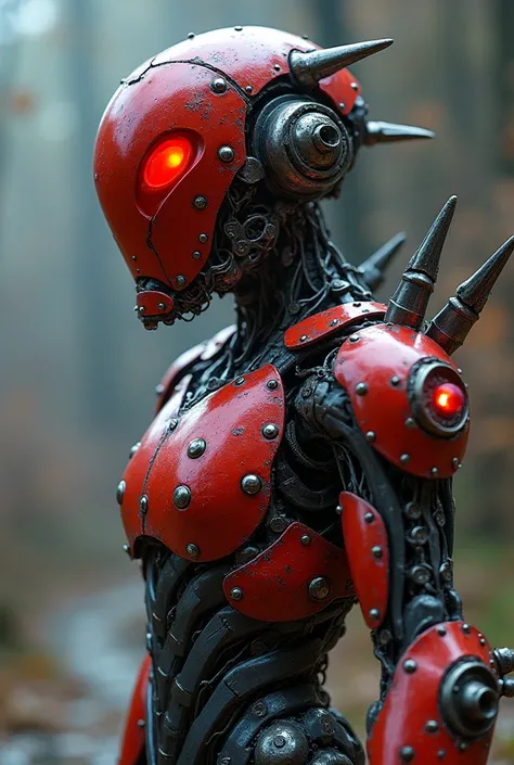 I want you to make a cyborg all its body is replaced by robot parts except its biceps and mouth it has a red visor instead of eyes on its back it has shiny red metal plates with barrels that shoot red energy the rest of its body is like metal armor all ove...