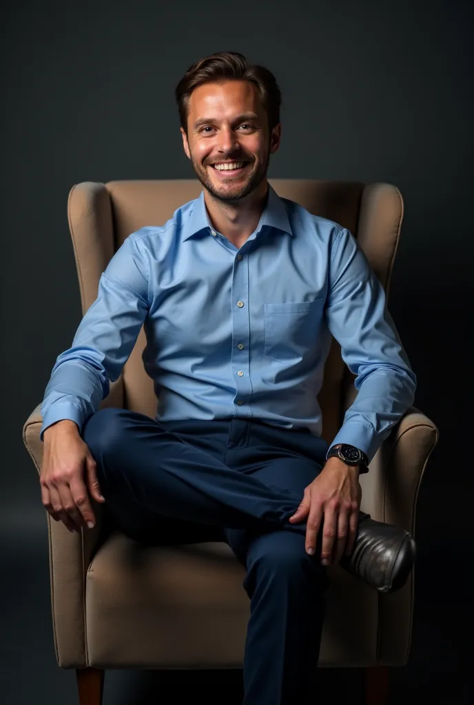 A professional photo with a confident smile using a blue dress shirt and a navy blue tailored pants sitting in an armchair with confident power with a hero lighting on a dark gray background.