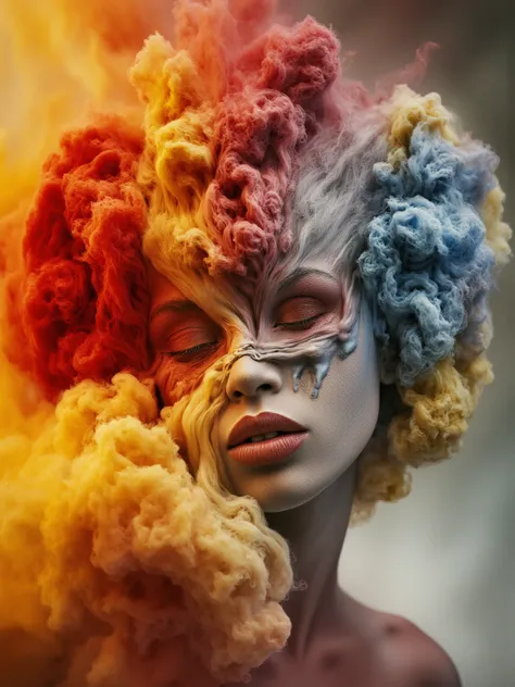 photorealistic, hyper detailed female face of smoke and red, yellow, and silver color. Added in a style reference, a composition reference, Hyper realistic, splash images, splattering, Fauvism, Geometric, Marble. 