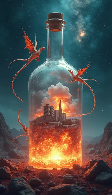 flow of uranium in glass bottle and outside fire burn in space that increasing the light  of volcano and huge building shrink in glass bottle with  light speed of year that turns bottom into power of nuclear energy outward direction and flying dragons  flo...