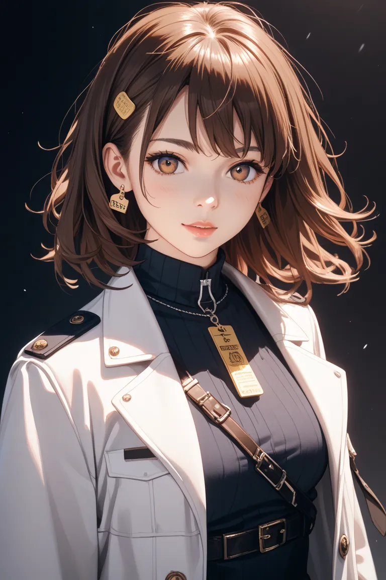 A woman with shoulder-length hair in a brown anime-style white coat with a black ribbon knife on her chest, no background