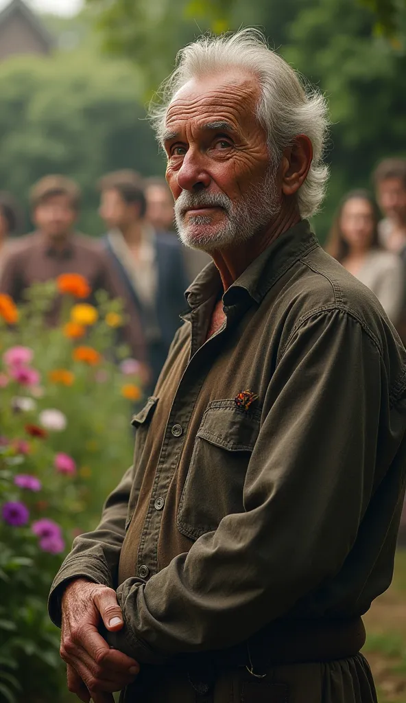 Portrait of a poor 50 year old man at a wedding in a garden 