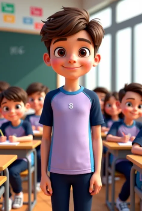 
 style:  3D digital illustration , with a detailed and expressive animation style, similar to modern animated movies.  
 Main Characters : A boy in the center with brown hair, well-groomed with slightly raised bangs. She has a friendly expression, with bi...