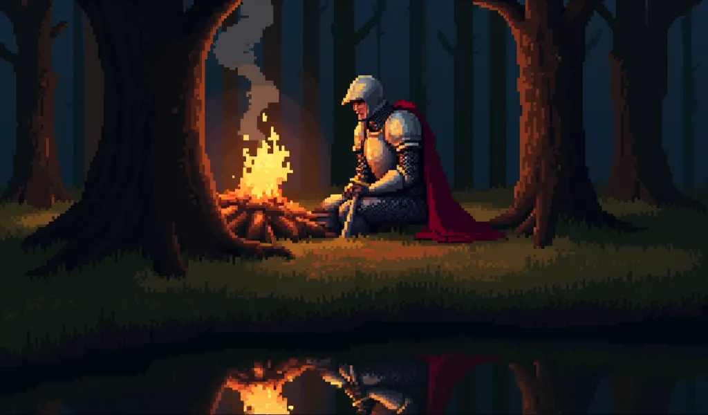 Pixel art scene of a fully armed medieval knight, resting by a lonely campfire in the forest. The light from the flames illuminates his armor and the grass nearby, while the trees around remain in deep shadows. His sword is leaning against a tree trunk and...