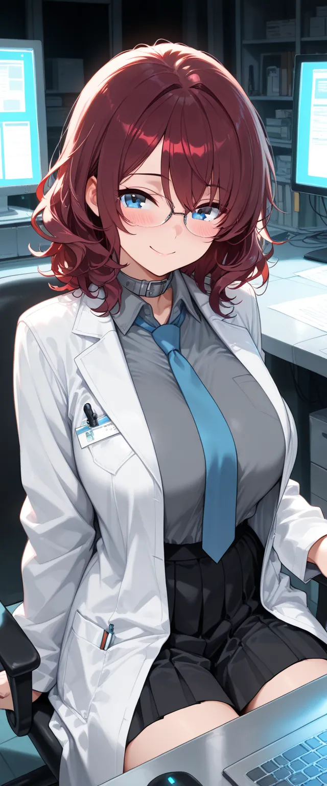 masterpiece, best quality, very aesthetic, absurdres, safe,1girl,solo,dark red hair,wavy hair,medium hair,blue eyes,glasses,big breasts,dark gray clothes,grey collar shirt,light blue tie,pleated skirt,black skirt,labcoat,sitting,laboratory,dark room,comput...