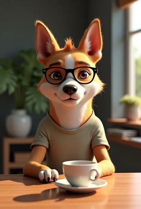 Create a real anthropomorphic dog dressed in shorts and a t-shirt with glasses looking at the screen with a cup of coffee not a hand with a pack of coffee on the table