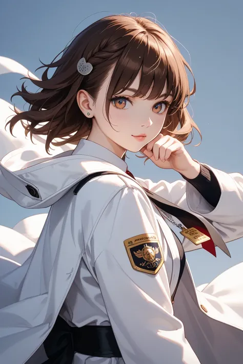 A woman with shoulder-length hair in a brown anime-style white coat with a black ribbon knife on her chest, no background