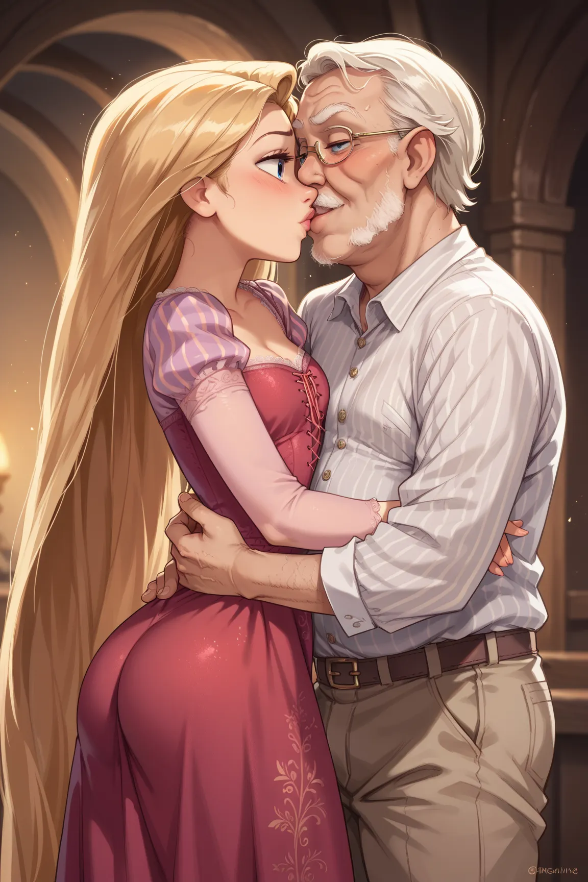 1girl ,rapunzel,,skinny, beautiful, blue eyes, ((red dress)), old man raising rapunzel's dress, exposed body, old man kisses her,  old man grabing her from the ass, kised by an old man