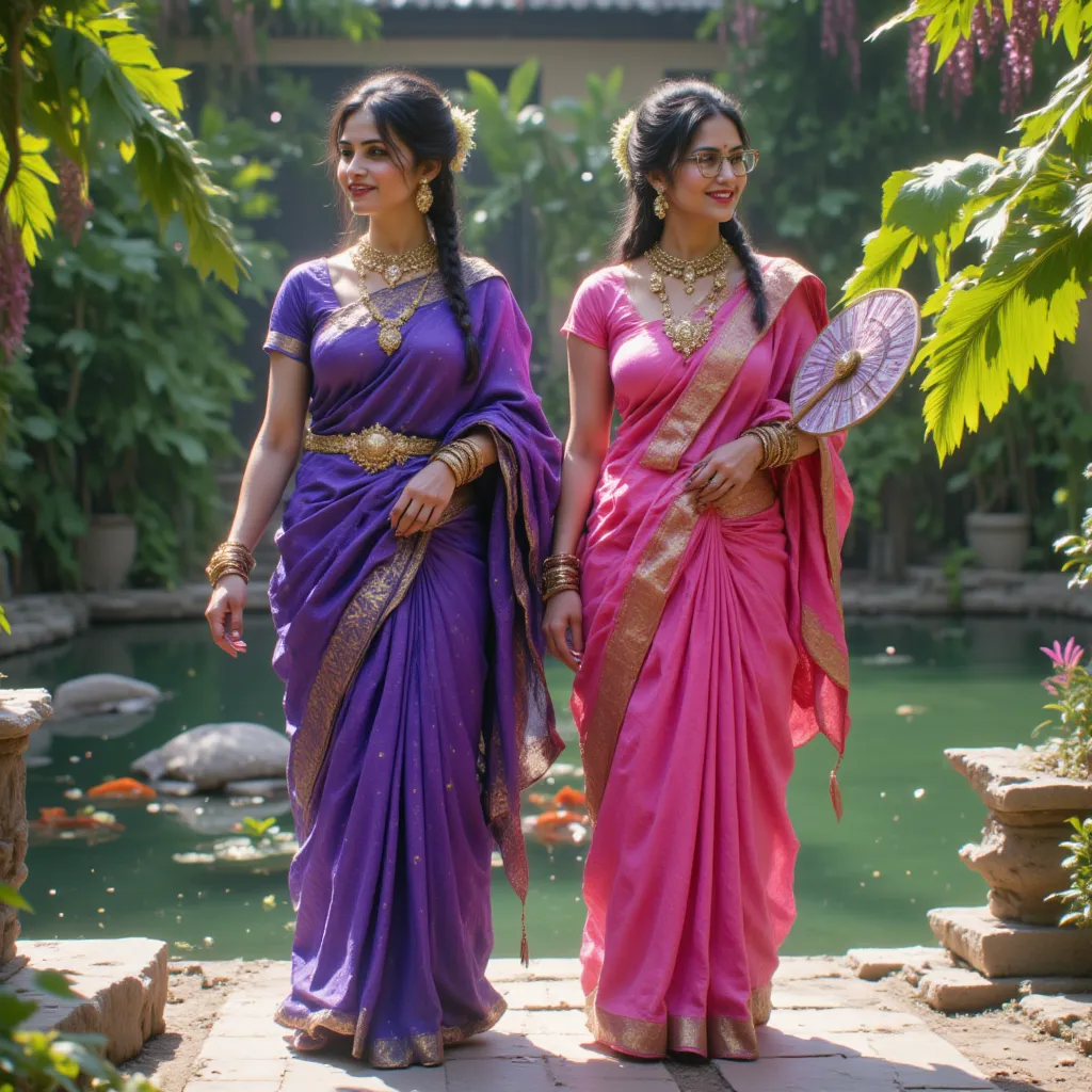 The best quality, masterpiece, Ultra HD 8K images, perfect body details, details, white tones, oily skin. Realistic images, a very beautiful Indian woman, Desi Bhabhi and Horny Bhabhi. Wearing thin purple and pink sarees. Earrings, jewelry set, modern brai...