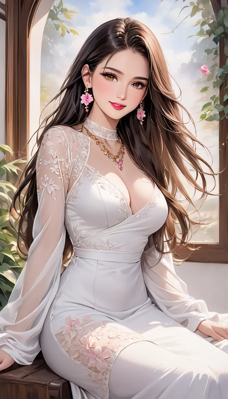 (masterpiece,  high image quality , high image quality, 8k,  Highest quality),  A fusion of watercolor and oil painting ,  One Young and Beautiful Woman, Brown-black long hair ,  beautiful brown eyes, pink lips, perfect style, Perfect face ,  moderate brea...