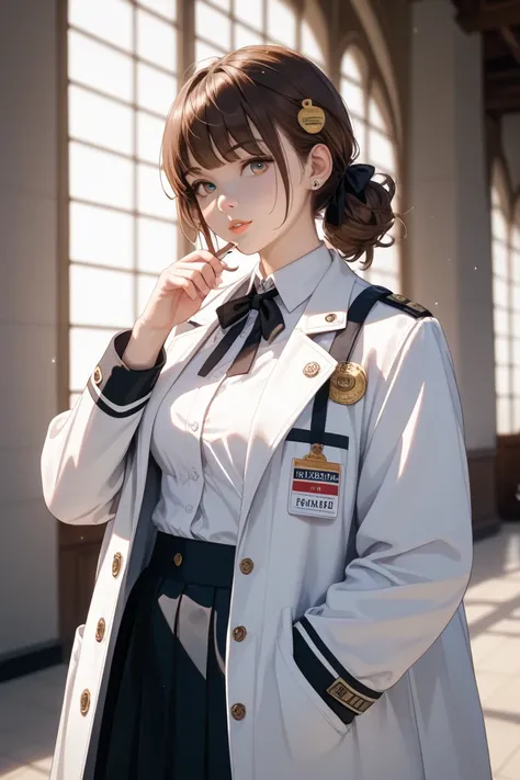 A woman with shoulder-length hair in a brown anime-style white coat with a black ribbon knife on her chest, no background