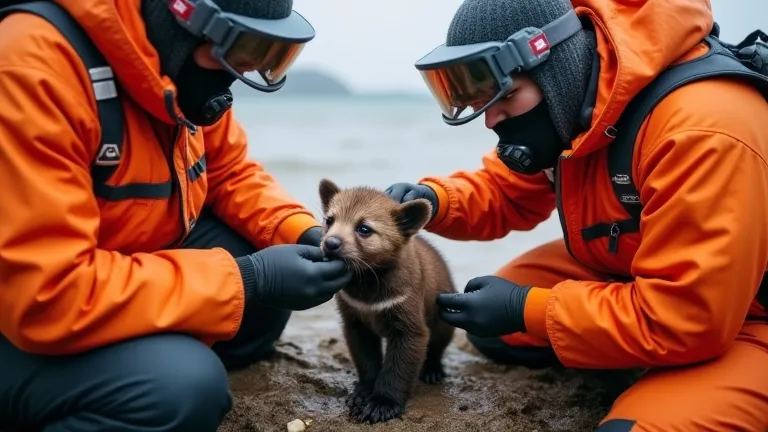 A group of dedicated wildlife rescuers in protective suits approach the cub carefully. One of them holds a smoke canister to drive away the bees, while another prepares a special tool to remove barnacles from the cub’s fur.