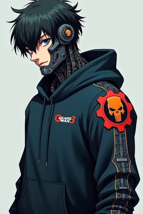 Create a male anime-style robot that likes video games, Let him wear a sweatshirt ( with the Gears Of War 3 skull logo on the right shoulder as if it were a patch), based on the reference photo in front of it that has a logo with the word "Bebop" ( the ima...