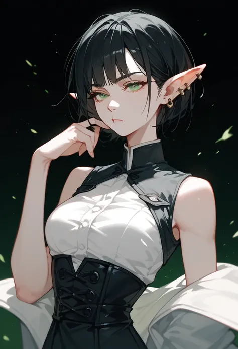 Elf Girl , black hair, in dark green eyes, short hair ,thin, Sleeveless Waistcoat,Ear Piercing, small waist ,thinเพรียว,thinบาง,White skin,Bored of the World , dark edges,