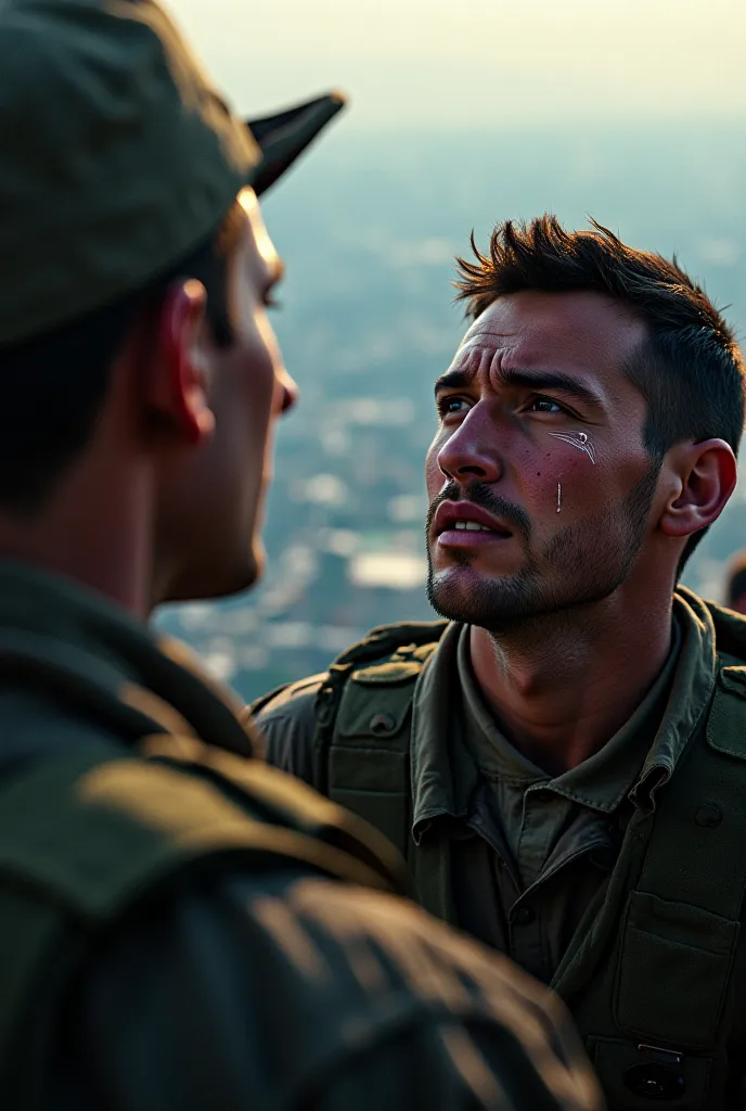 Turkish soldiers crying looking at Turkey from the sky