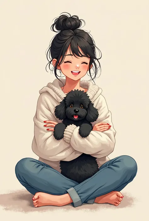 
Create a realistic anime illustration of a a woman with dark hair tied up in a messy bun, sitting on the floor with a big, warm smile. She is hugging a fluffy black poodle, which looks playful and happy with its tongue out. She wears a cozy oversized whit...