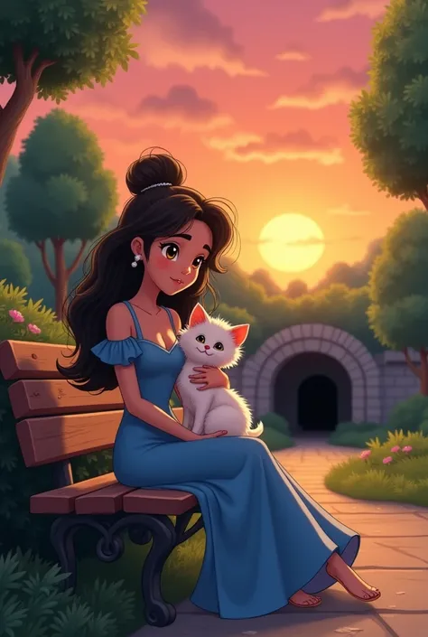 /imagine prompt: A 16-year-old princess in an elegant blue dress sitting on a wooden bench, holding a fluffy white kitten with orange spots, warm orange and pink sunset sky, lush green schoolyard with trimmed trees, a dark mysterious tunnel entrance nearby...