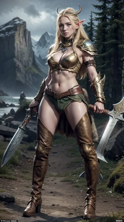 ((full body )), a painting of a powerful blonde mountain elf holding a combat hammer, in bearskin armor covering his breastplate, she only wears pants that cover her powerful muscular thighs, she wears furry leather boots, holding a large War Hammer, elf w...