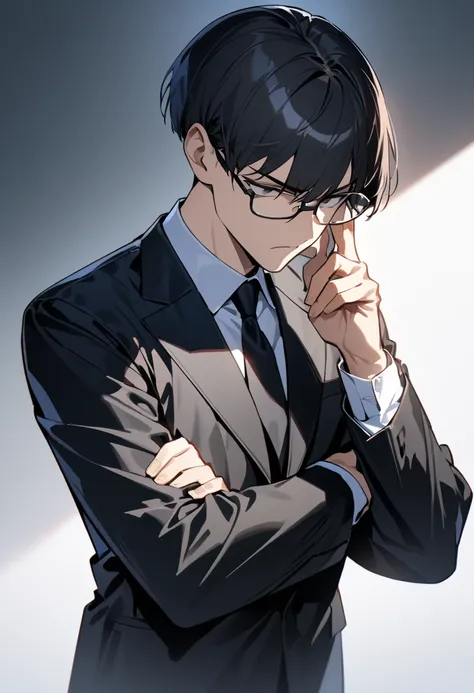 ultra high definition, High Resolution, High Resolution, Highest quality,  handsome　illustrations,  male　Glasses,　 expressionless, white background,  black suit, put on glasses, A man who seems serious, Stand with good posture, bob cut, short hair, Glaring...