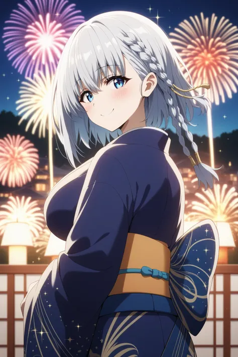 masterpiece,best quality,{{detailed beautiful face and eyes}}, very detailed background,
Beta,{{{megami magazine}}},short hair,grey hair,braid,hair between eyes,blue eyes,large breasts,
1woman,((kimono)),
aerial fireworks, blurry background, blush,firework...