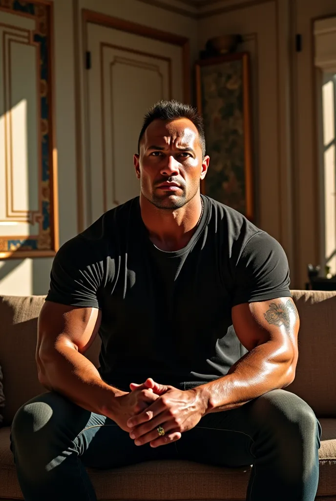 The Rock (Dwayne Johnson) is sitting in front of a small  in a beautiful room.
