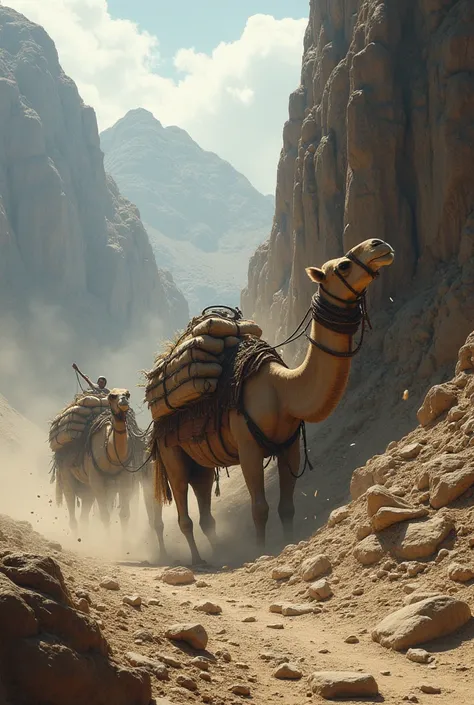 take me a picture of an ancient Caravan hitting the mountain (with the camel) and causing damage 

Clearly show that they hit the mountain