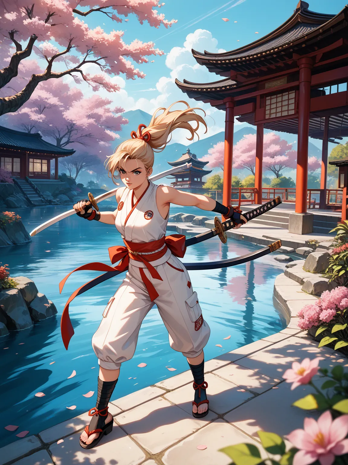 masterpiece, best quality, good quality, very aesthetic, absurdres, newest, 8K, depth of field, focused subject, dynamic angle, a ninja, 1girl, fighting stance, adamantium claws, wielding a katana, japanese garden, sci-fi, illustration, retro,fullbody,stan...