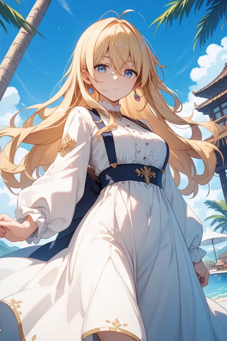 Anime Picture　long blonde　woman　 expressionless　sling　 beauty:cute=7:3　Bangs are thin due to flow between eyes and eyebrows　long hair that is slightly wavy　eyes are dark gold with no highlights　An older sister who is around 25 years old　pure white long sle...