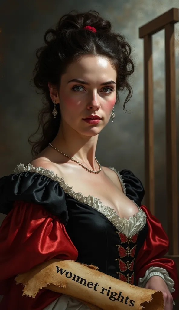 "Realistic portrait of Olympe de Gouges with a challenging expression, dressed in 18th century clothing.  in the background, a blurry guillotine with dark and dramatic tones. High contrast lighting, highlighting her face with intense light. Predominant red...