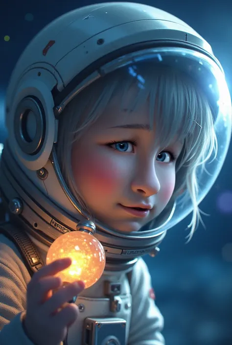 is a close-up of an improved masterpiece:1.5)0.9]، (Space and astronauts:1.2) (messy silver hair:1.1) (Heterochromia: yellow and blue eyes:1.2) (space helmet:1.0) (Colorful stars in the eyes:0.1 Keep the picture like it is and keep the character but the on...