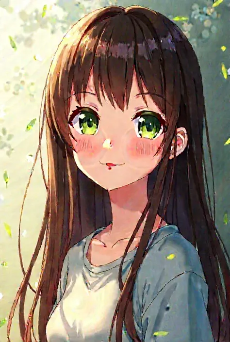 Avatar for channel, cute anime, girl with pale skin and brown long hair, green eyes, casual 