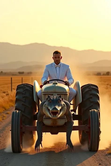 **"An elegant man, in an impeccable white tuxedo and white pants, drives an old four-wheel tractor along a country road on a sunny day. The tractor is old and worn, with peeling paint and signs of rust on the chassis. Its rear wheels are huge and full of d...