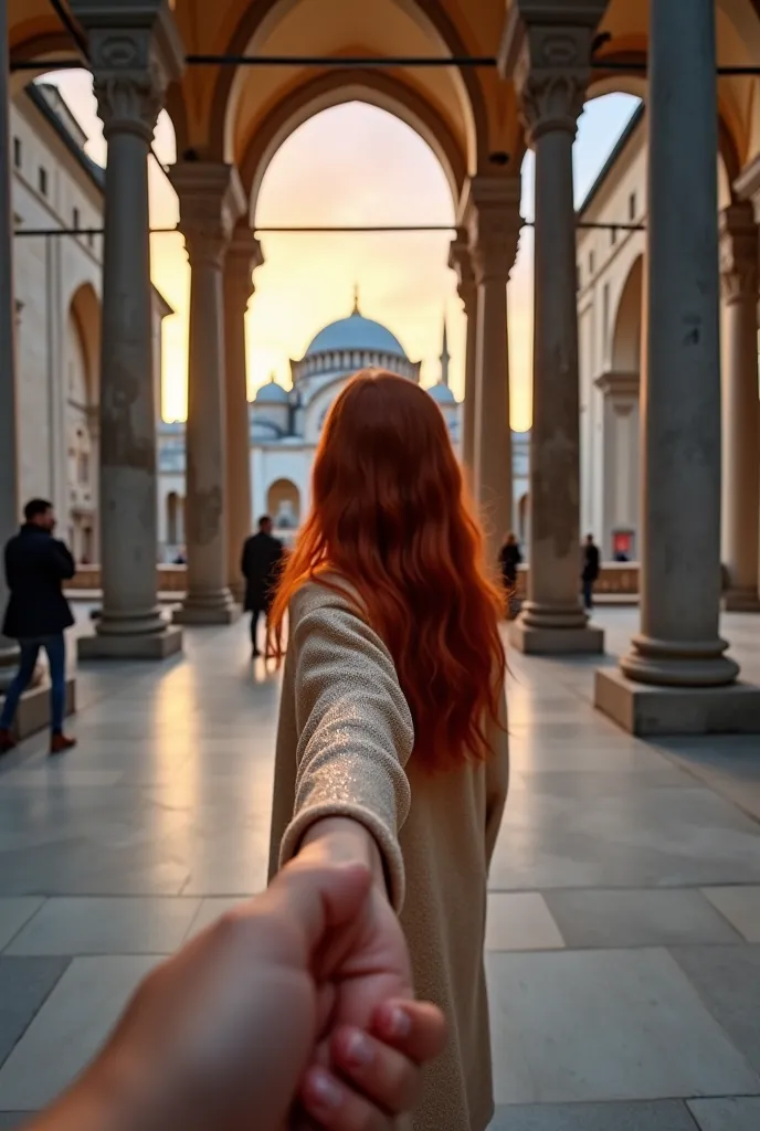 This is a photograph taken in the Blue Mosque, a famous historical mosque in Istanbul, Turkey. The image is captured during sunset, with the sky painted in warm hues of orange and pink. The photograph is taken from a low angle, emphasizing the grandeur of ...