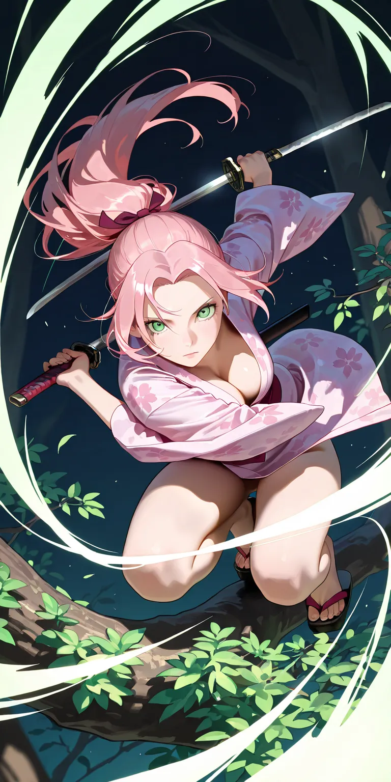 Masterpiece, newest, vibrant, very aesthetic, high contrast, mature woman, sakura haruno, pink hair, high ponytail long hair, light green eyes, pink thight yukata (blue floral motif), naked underneath, clogs, full body, expressionless, sharp eyes, night on...