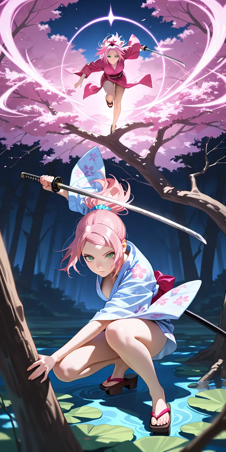 Masterpiece, newest, vibrant, very aesthetic, high contrast, mature woman, sakura haruno, pink hair, high ponytail long hair, light green eyes, pink thight yukata (blue floral motif), naked underneath, clogs, full body, expressionless, sharp eyes, night on...