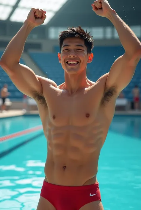 Tag1, Tag2, High Quality Image, Male athlete, 24 years old, young man in underwear, male swimmer in swimsuit, swimming suit, tight briefs, red swimming briefs, walking beside pool, short black hair, wet body, athlete posing with enthusiasm and cheers, fine...