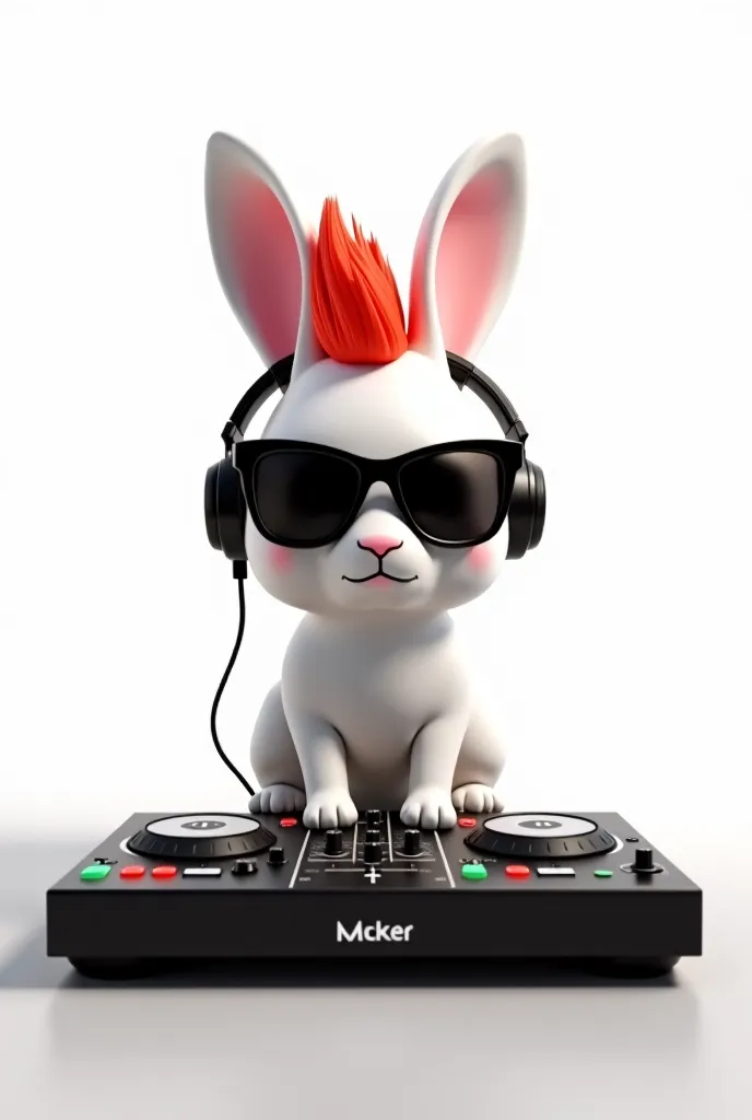 Imagine a white rabbit,  Realistic,  elegant, with a fun urban red haircut, mixer wearing modern sunglasses and DJ headphones.
He is concentrated on a Pionner,with his front legs manipulating the knobs and buttons to the rhythm of the music. 
 The backgrou...