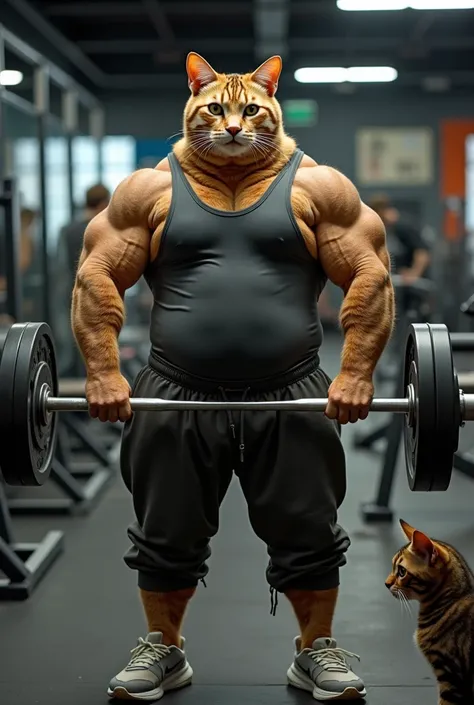 
"A previously obese Bengal cat now displays an impressive physique, completely muscular, with no trace of fat. He is at the gym, wearing a tight tank top, track pants and sneakers, highlighting his defined muscles. His once round face now has strong, defi...