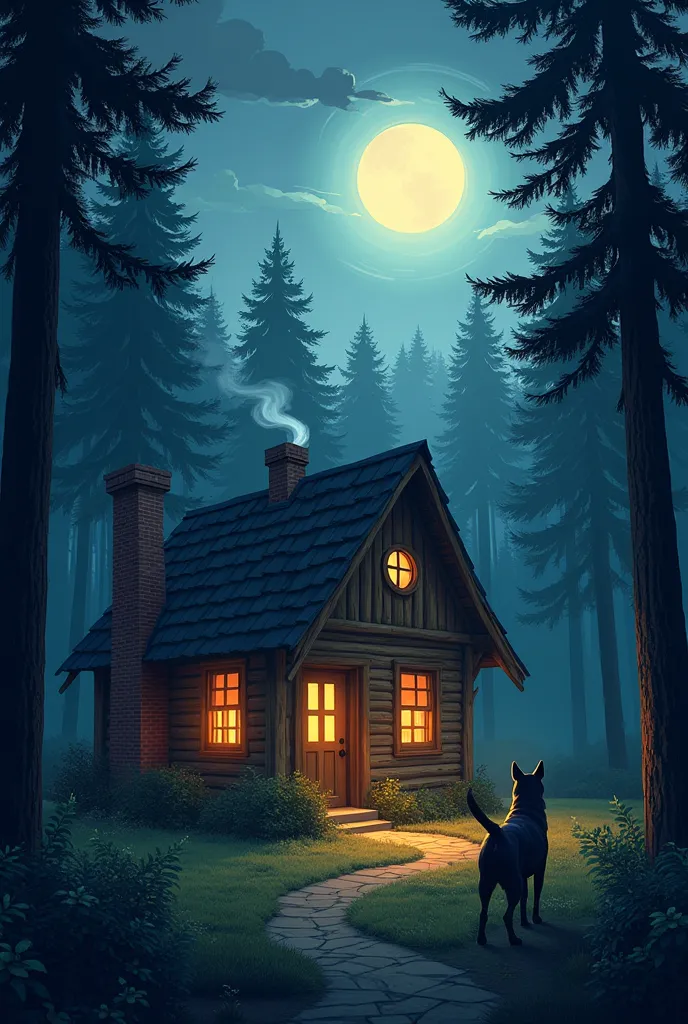  Make a picture of wooden house smoking chimney in the forest at night and dog standing in front of house