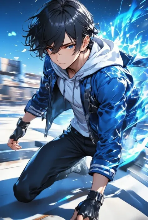  handsome man、Young man with black hair" Asuka"Fast landing, clothing: white hoodie and blue jacket, black leather fingerless driver's gloves , full body(Traces of battle ) , simple background with a starry sky on one side ,  kick trash , (Landing position...