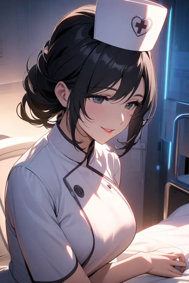 Beautiful nurse, mature, sexy, smile, black long hair, 2D animation style 