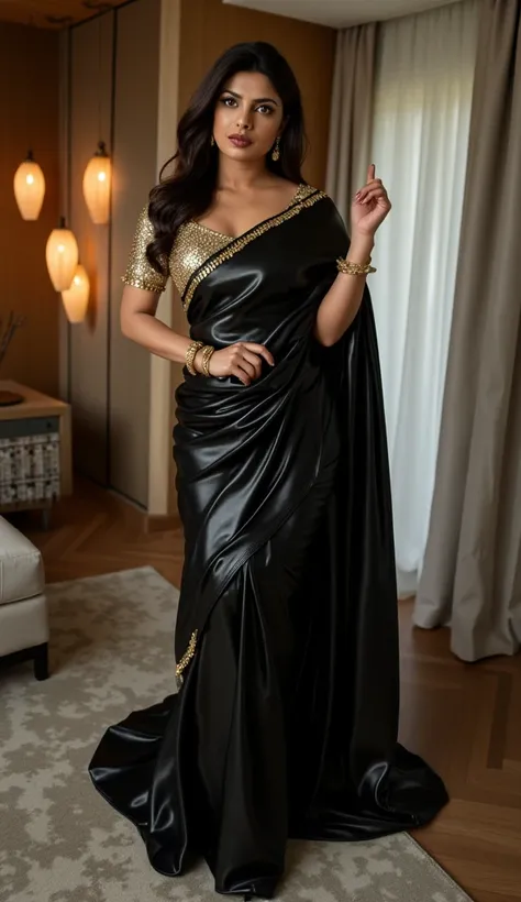 Full body photo of PriyankaChopraFlux wearing black shiny leather saree and high pump heels and golden leather Blouse, giving strict mistress pose inside modern bedroom of high rise apartment, seductive behaviour looking at camera with evil horny expressio...