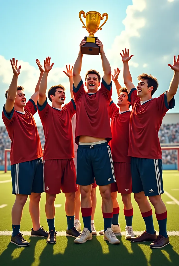 A football team of guys with down syndrome rejoices in victory, they hold the trophy