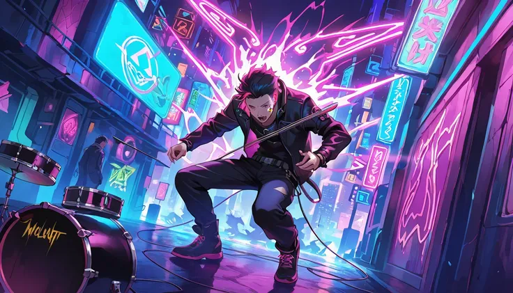 An electrifying cyberpunk scene embodying the power of drum and bass music, with dynamic, vivid colors and intricate neon lights. The image features mystical elements, demons with fierce expressions, and an overwhelming aura of aggression and fury. The bac...