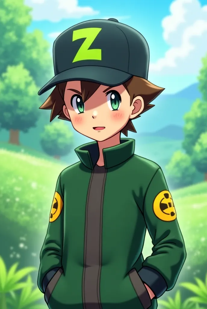 A Pokemon trainer with brown hair,a black cap with a green z printed, a green or black jacket with yellow eyes 