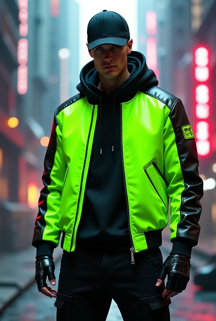 Create a character with a fluorescent green jacket that has black sleeves with a black cap and black pants