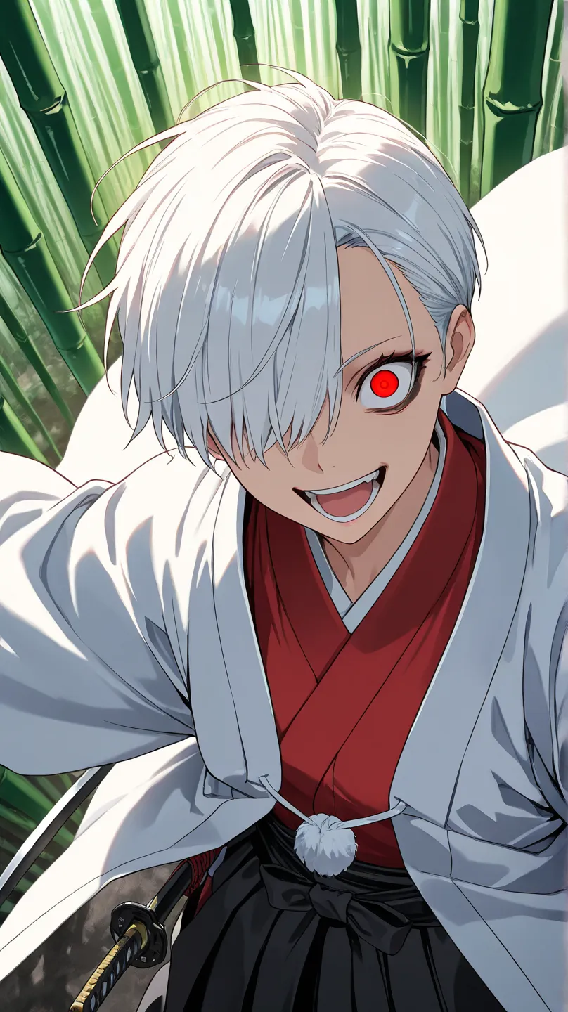 samurai ,
High quality ,  best quality , masterpiece,  High Resolution , anatomically correct,anime Coloring
1girl,solo, Cool woman, handsome woman, beauty in men's clothing
white hair,very short hair, handsome hair,spiked hair,,red eyes, hair over one eye...