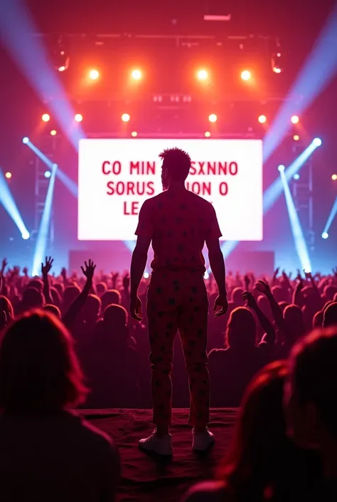 Create an image of a Brazilian DJ with his back to the audience at a concert and on the big screen in the written background "I no longer live, I just exist" In Portuguese 